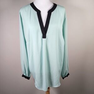 INTERNATIONAL CONCEPTS Turquoise Shirt Womens 2XL‎ Plus Size Blouse Black Trim